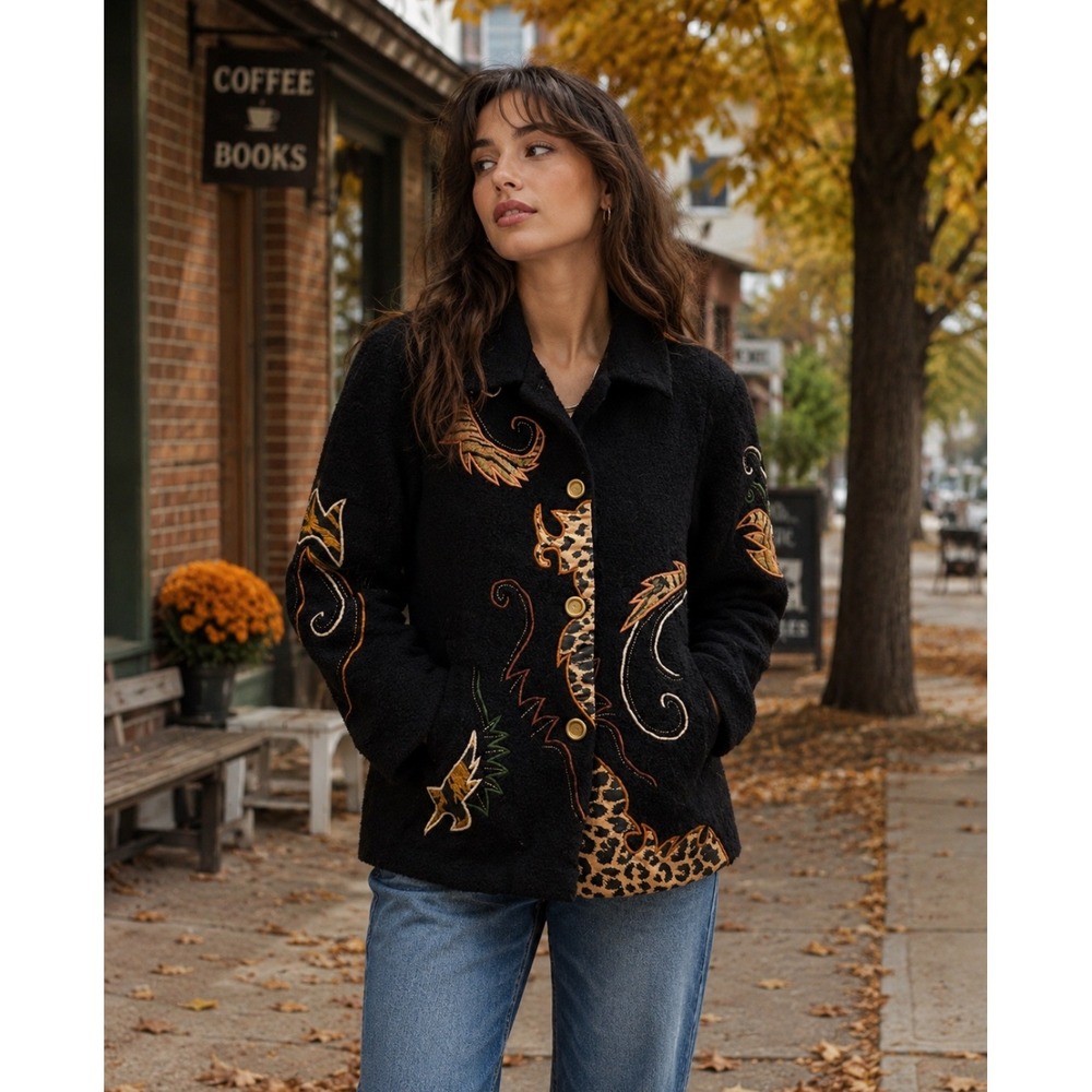 Vtg Y2K Alex Kim Black Boucle Embroidered Abstract Granny Patchwork Coat Lrg EUC